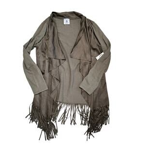 Muche et Muchette tan ultra suede soft knit fringes waterfall cardigan medium